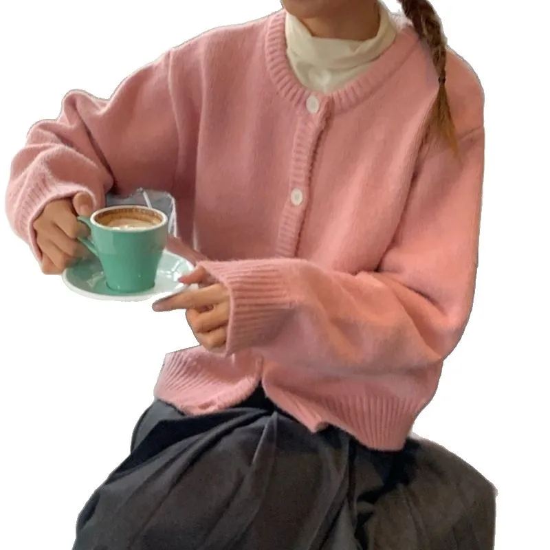 Koreaanse Sle dames gebreide trui rond ne open vest zacht pure kleur basic herfst winter zoet ontwerp met enkele knop