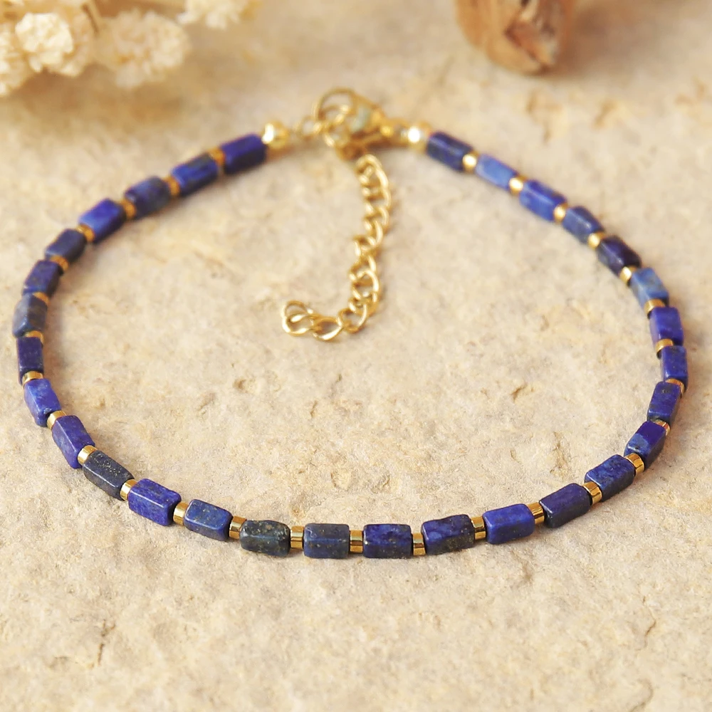 1pcs Simple Style Natural Stone Long Cylindrical Lapis Lazuli Gold Bead Fashion Bracelet