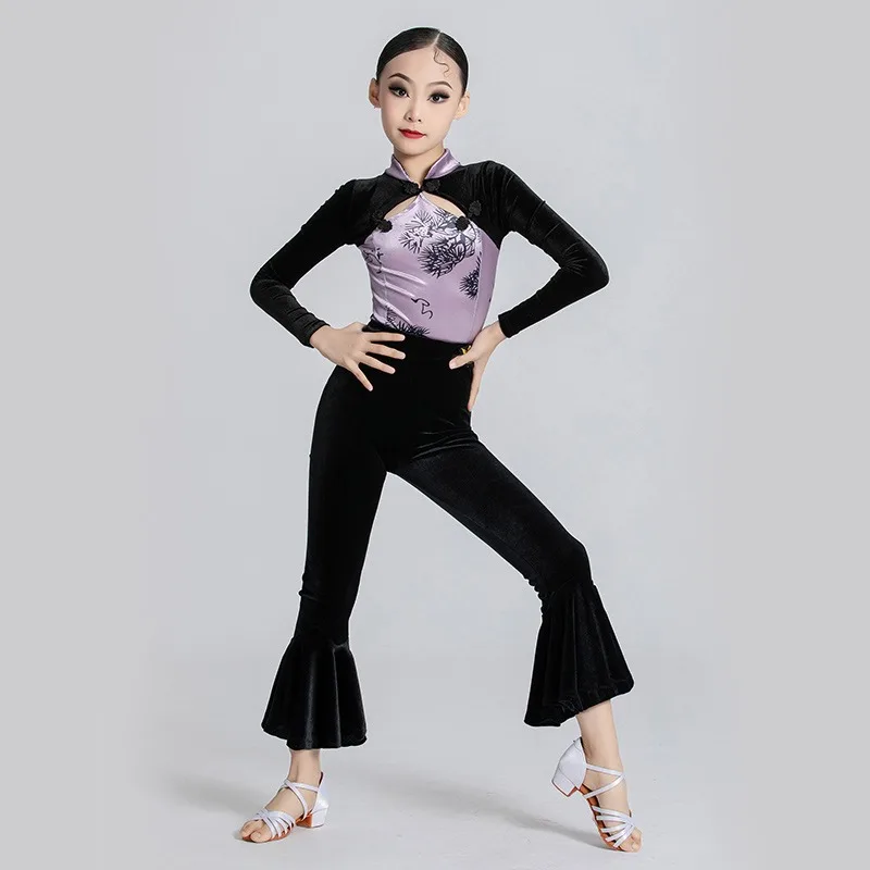 Tenue de danse latine pour filles, ensemble pantalon évasé en velours hiver et automne, pour spectacles chinoises, tenue de danse pour enfants