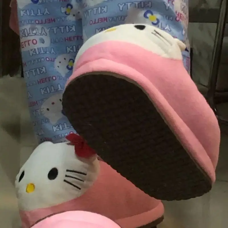 Sanrios Hello Kittys Big Head Plush Slippers Winter Cartoon Y2K Cotton Shoes Plush Shoes Student Dormitory Bag Feet Cotton Shoes