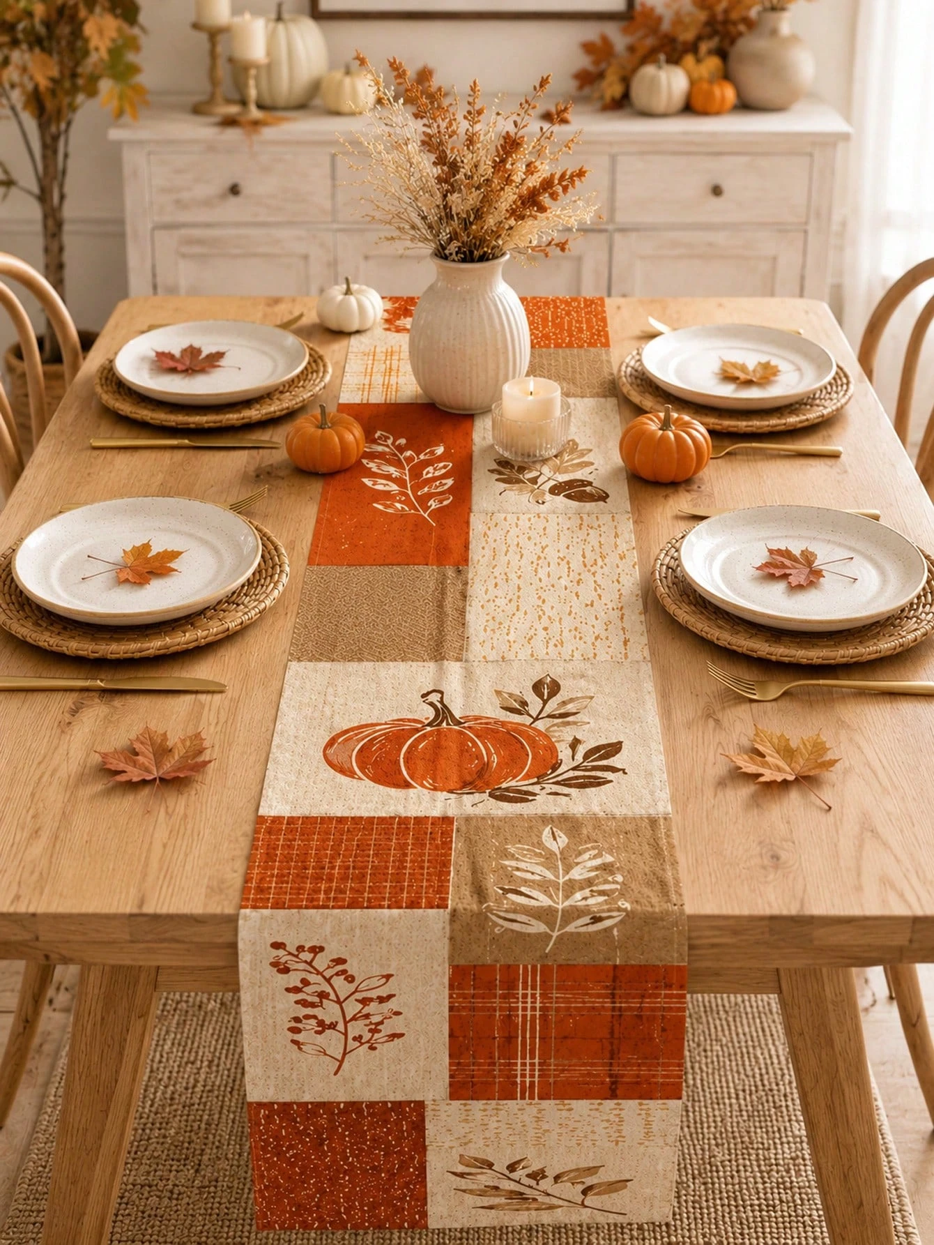 1pc Hallow Pumpkin Linen Table Runner, 2D Patchwork Maple Leaf Print, Multiple Sizes,Ideal Thanksgiving Tabletop Decoration Gift