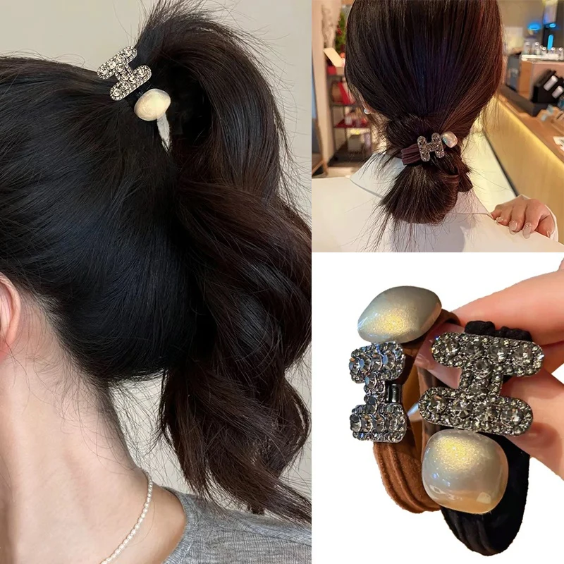 Korean Rhinestone Shiny Crystal H Letter Hair Band Rubber Hair Ties Women Girl Women Fashion Hair Accessories Gift Headwear