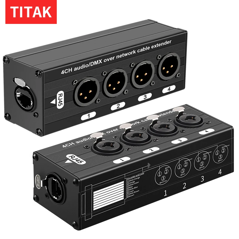 Multi-Netzwerk XLR-Kabel-Breakout, 4-Kanal 3-Pin Stecker und Buchse zu RJ45 Ethernet-Extender für Bühnen-Sound, Beleuchtung und Tonstudio, 4-Kanal Audio/DMX über Netzwerkkabel-Extender, ideal für