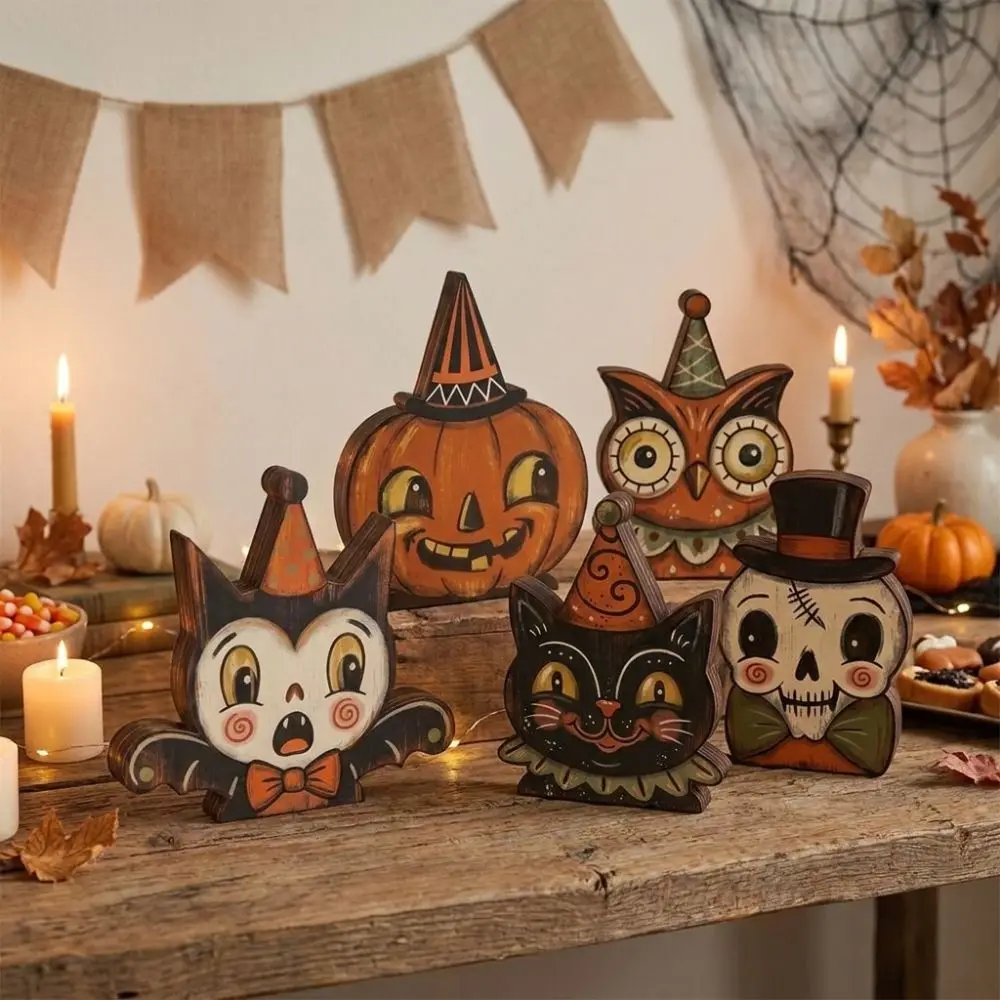 Cartoon Halloween Wooden Tabletop Sign Farmhouse Style Hand Painted Ghost Pumpkin Owl Ornaments Double Sided Pattern Integrated