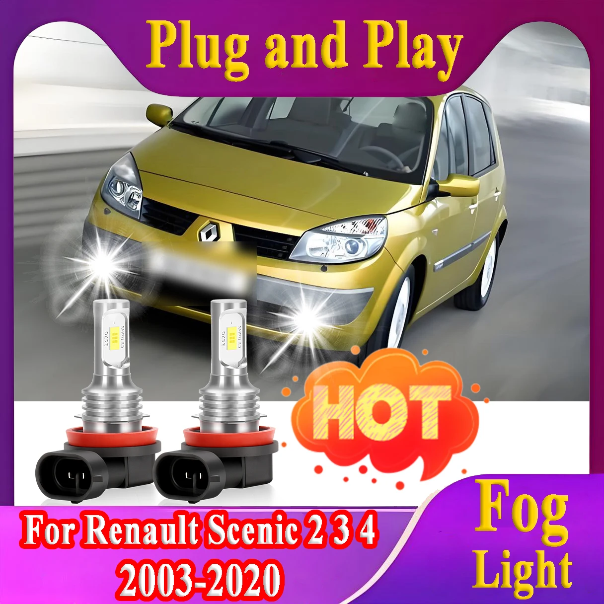 

2PCS H11 LED Fog Light 6000K White CSP Chips Super Bright For Renault Scenic 2 3 4 2003-2018 2019 2020 Plug and Play Car Light