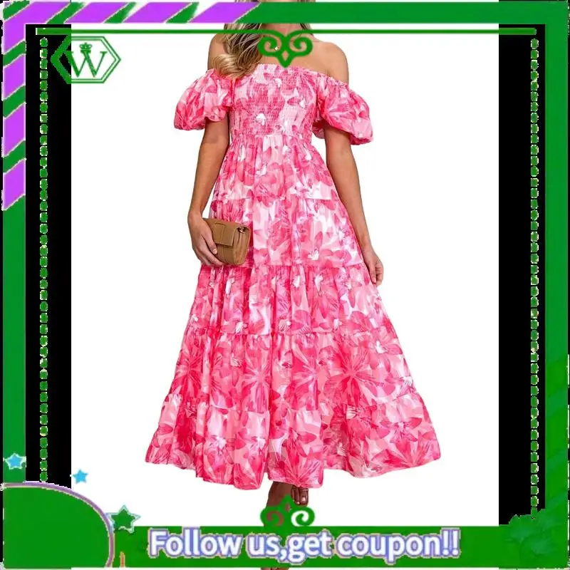 A18P-Women's Summer Casual Midi Dress Puffy Short Sleeve Square Neck Smocked Tiered Ruffle Dresses