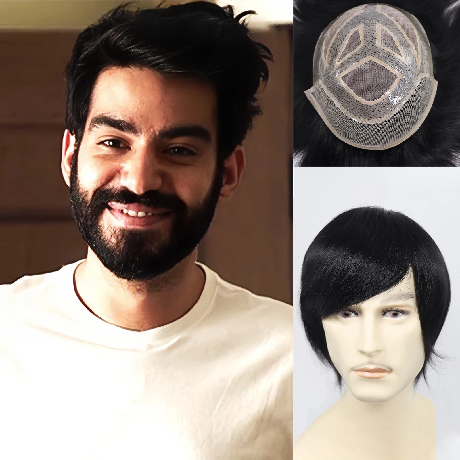 

Мужской парик с кружевной передней частью, моно с париками из искусственной кожи для мужской замены волос, натуральный черный капиллярный протез, система шиньонов