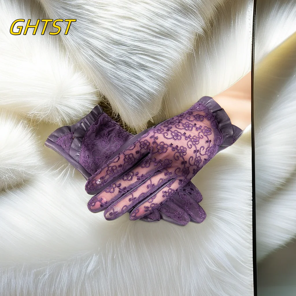 Genuine Sheepskin Leather Women Lace Gloves Elegant Light luxury Touchscreen Driving Full Finger High-quality Lady gants