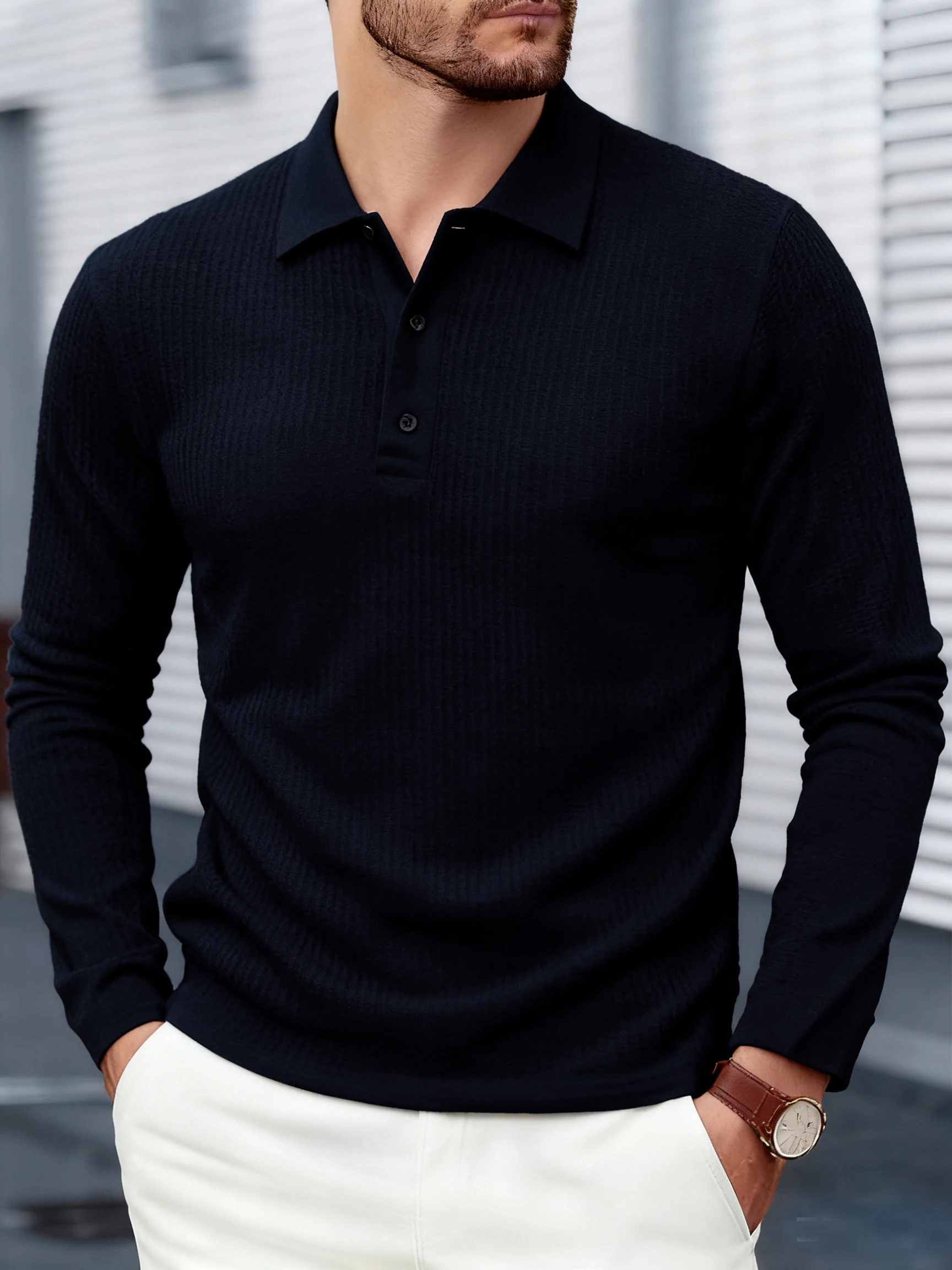 New Men's Business Casual Long Sleeved Solid Color Polo Shirt Fashionable Breathable Comfortable And Multifunctional Top