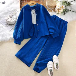 Girls Clothes Sets 8-12 Years Blue Long Sleeve Top + Blue Pants For Girls Spring Autumn Korean Style Suits Casual Clothes Sets