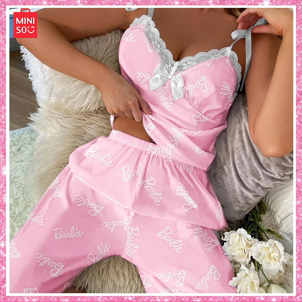 Miniso New Barbie Letter Print Sexy Lace Camisole Pajamas Pajama Trousers Two-Piece Set Sweet Home Pajamas Girls Birthday Gift