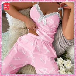 Miniso New Barbie Letter Print Sexy Lace Camisole Pajamas Pajama Trousers Two-Piece Set Sweet Home Pajamas Girls Birthday Gift