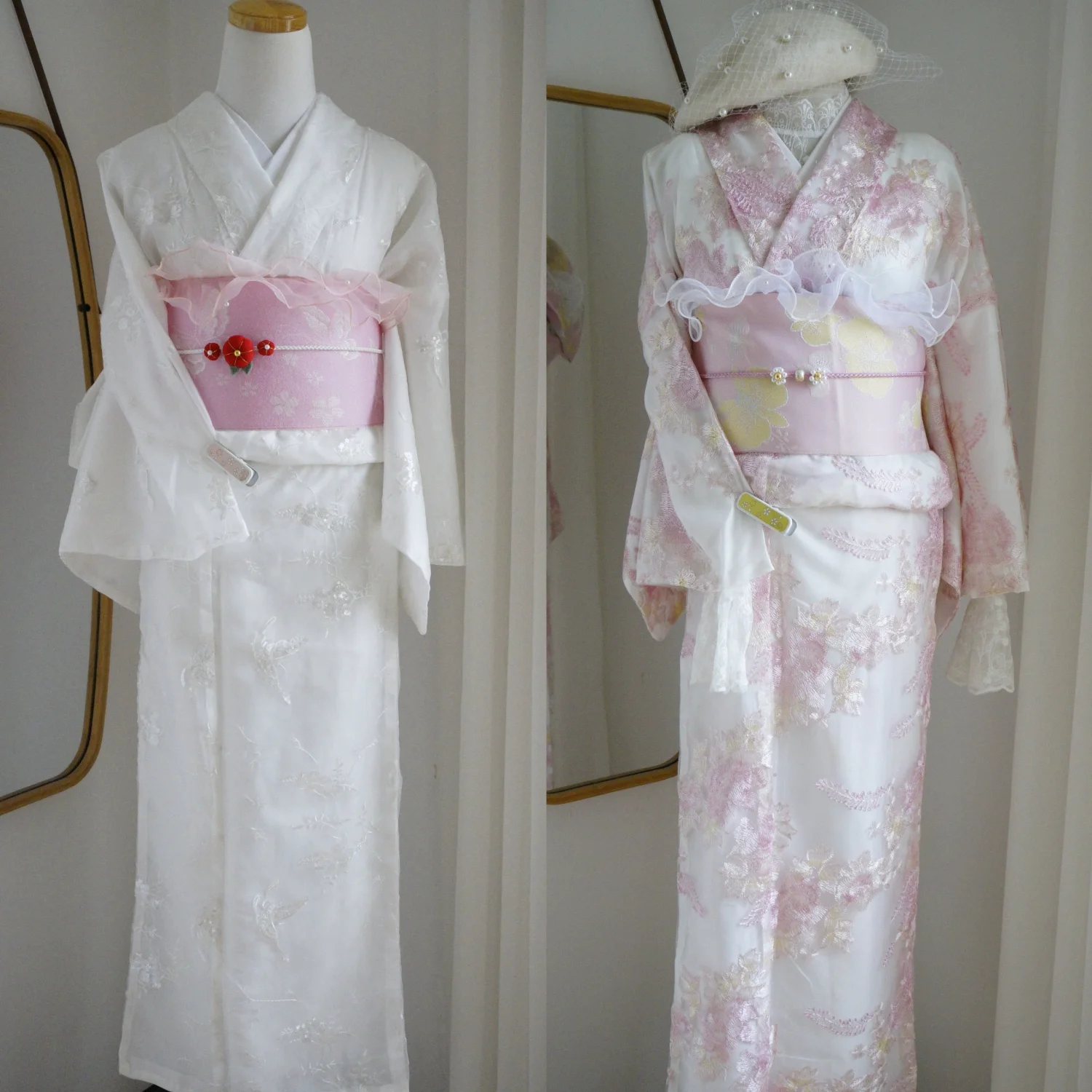 

Women's Formal Komon Kimono: Traditional Japanese Lace Kimono with Butterfly Motifs, Soft Tulle, 3D Embroidered Florals & Light