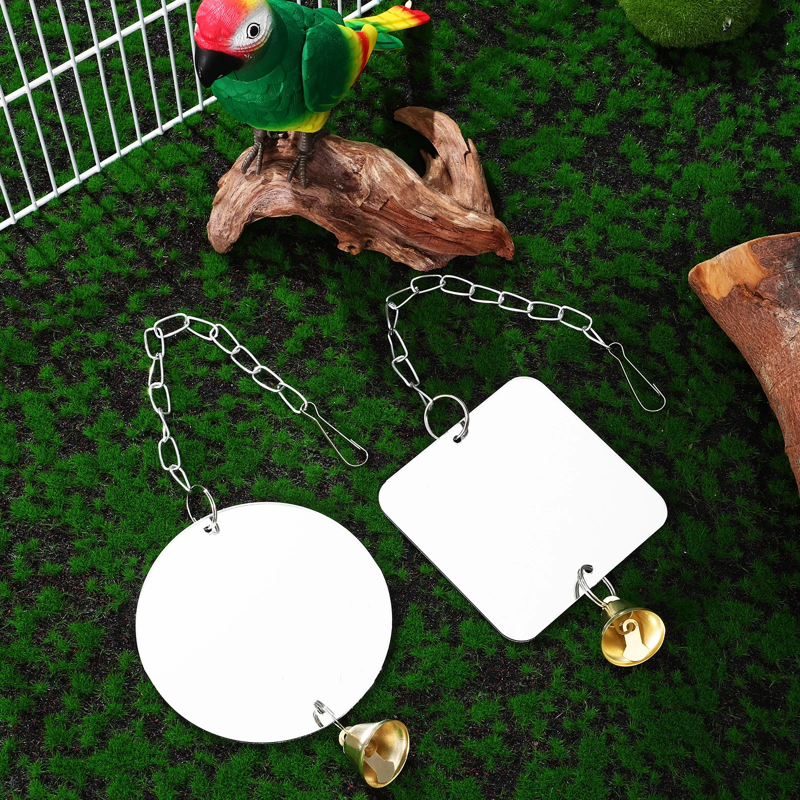 

2Pcs Bird Mirror Bell Hanging Swing Parrot Cage Decoration for Small Medium Parakeet Cockatiel Conure Finch Canary Acrylic