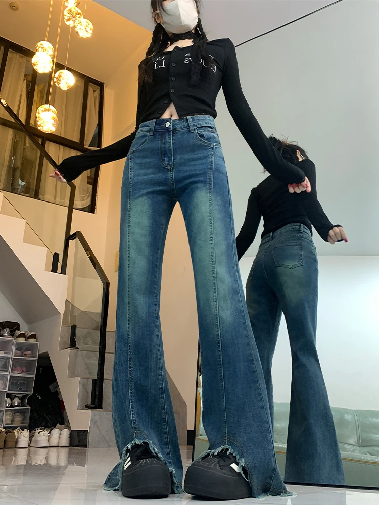 Cintura alta queimado jeans feminino primavera 2025 vintage fenda desgastado até o chão calças emagrecimento tamanho grande casual denim