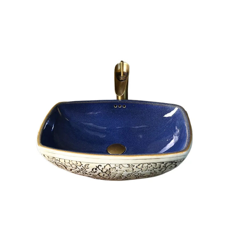 

Chinese retro engraving table basin with anti-overflow port ceramic household balcony hand washing single basin