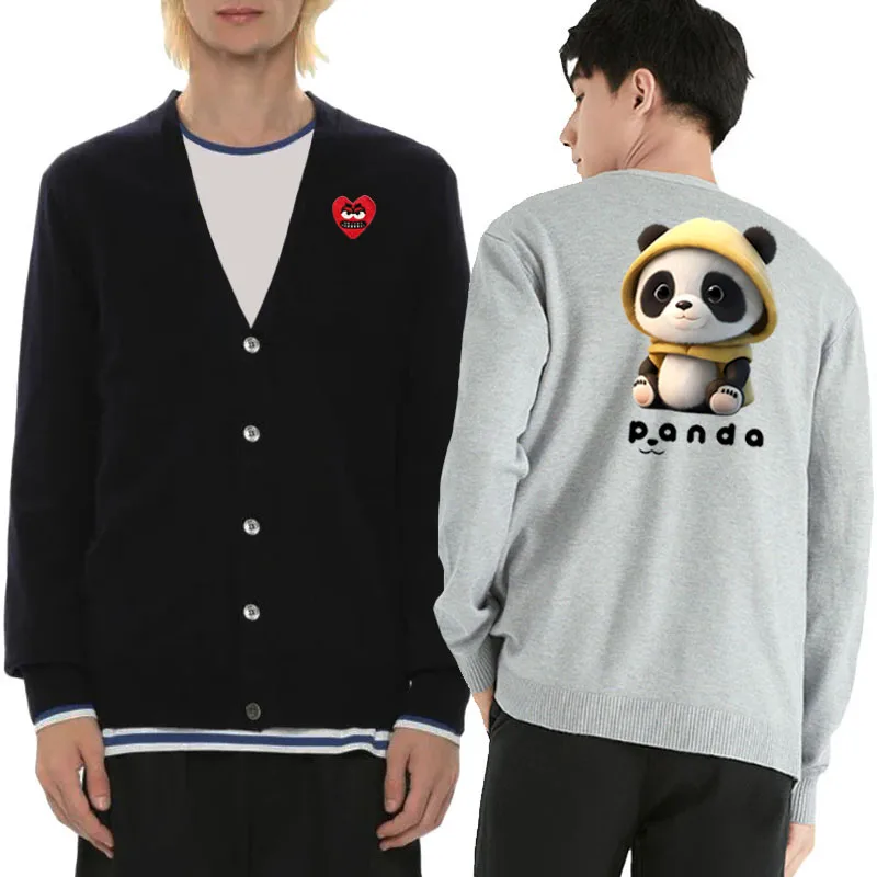 Panda with Hat  Printing Men Cardigan Cotton Cool Snag Heart Embroidery V-Neck Single Breasted Long Sleeves Autumn Fit Sweater