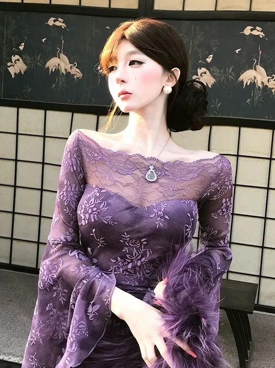 

Retro plus Size Women's Dress Purple Bell Sleeve Waist Cinched Long Gown Spring Pure Desire Sexy High Waist Lace Splice