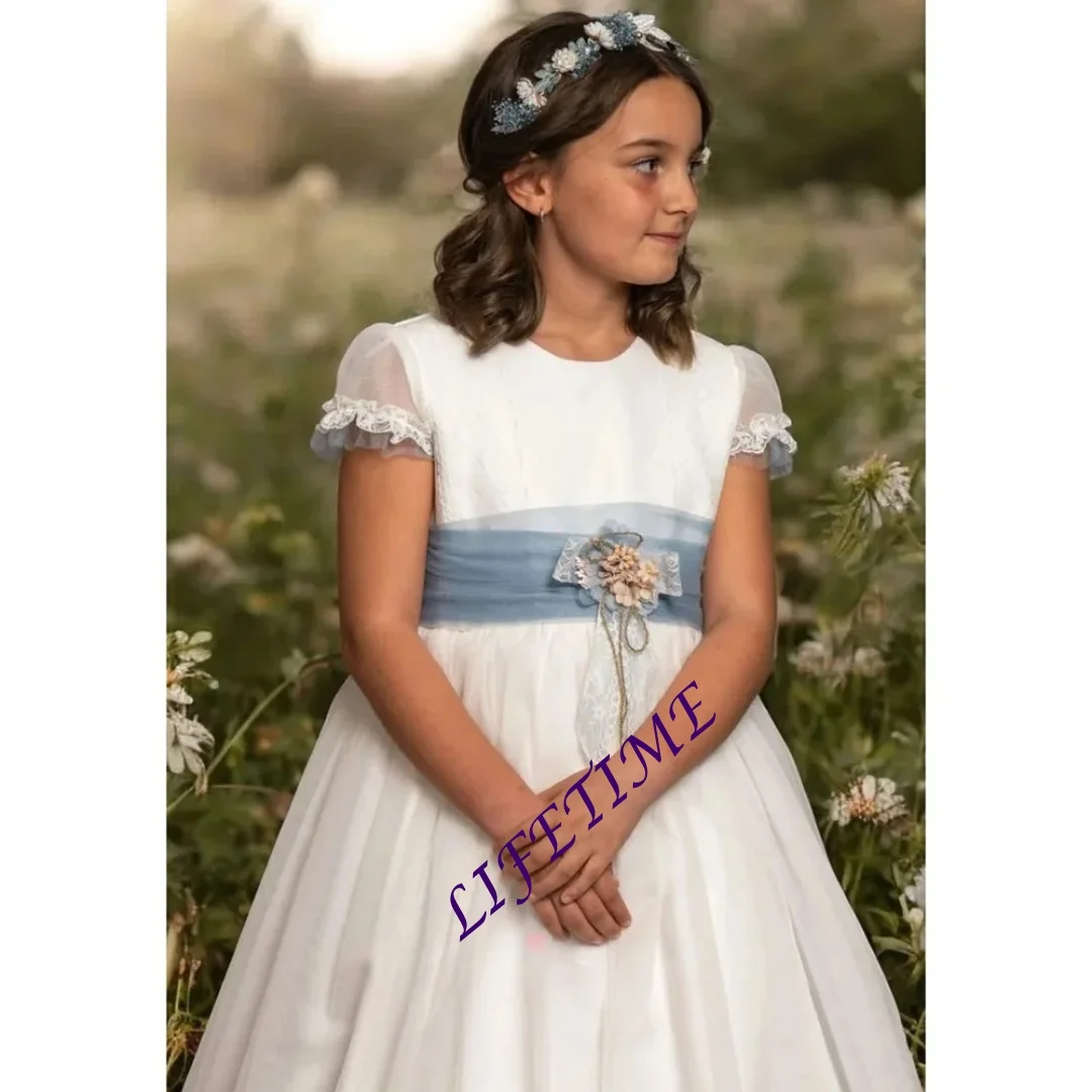 Customized A-Line Communion Dress Short Sleeve Flower Girl Dresses Blue Ribbon Kids Vestidos Para Comunión