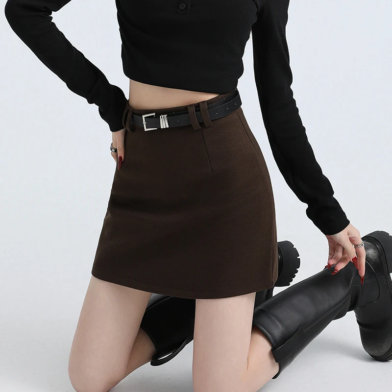 

Autumn Winter Skirt Women Woolen Midi High Waist Slimming A Line Hip Wrap Short Stature Anti Glare Casual Skirt