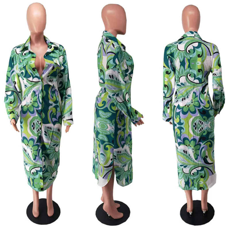 Loose Casual Floral Print Shirt Dress Women Turn-Down Collar Single Breasted Maxi Dresses Long Sleeve Party Birthday Long Dress