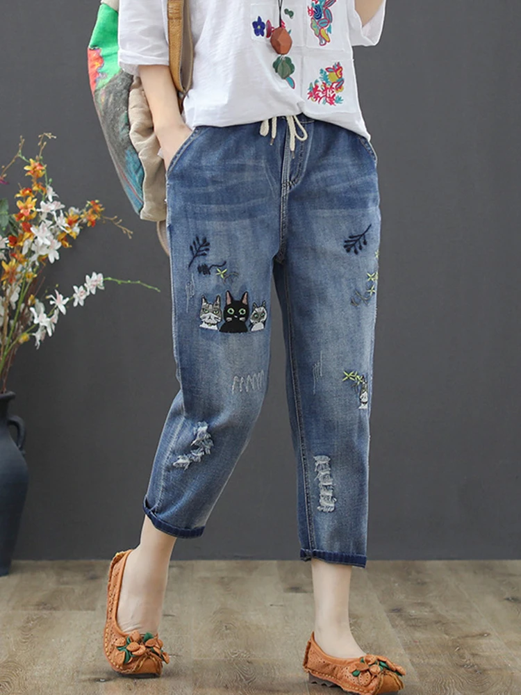 Max Lulu Mode Herbst Streetwear Jeans hose Damen Vintage elastische Jeans Damen lässig lose Stickerei Harems hose