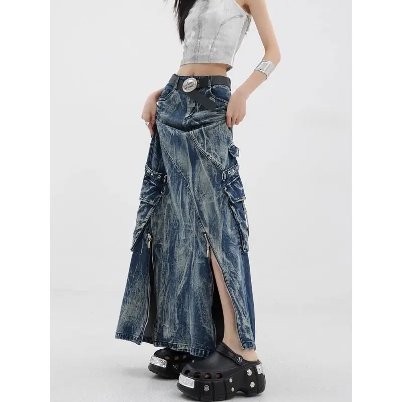 2025 Heavy Industry Washed Tie Dye Denim Skirt for Women, Loose Fit with Large Pockets, Zipper Decoration, Hip Bag, Long Skirt