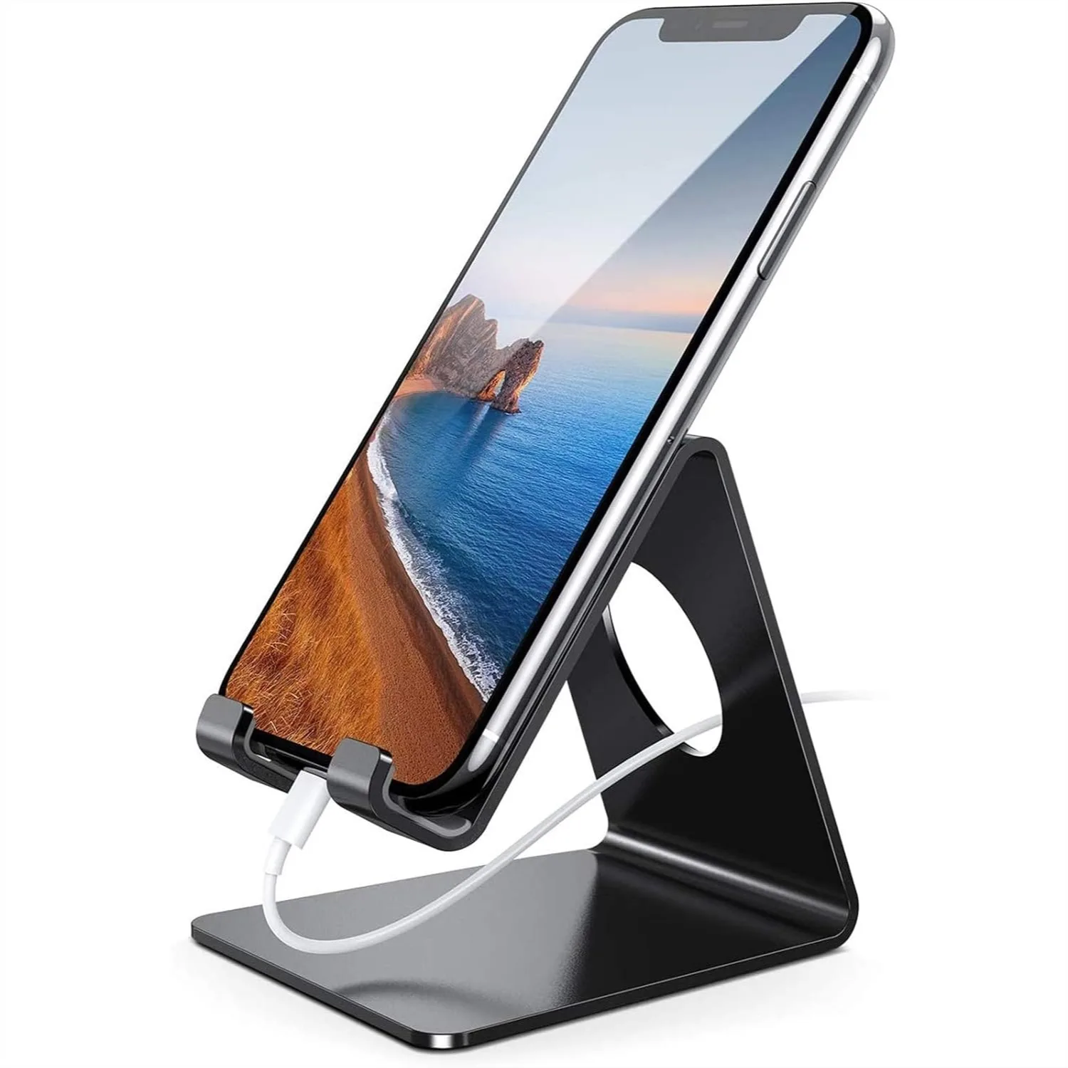 Adjustable Cell Phone Stand for Desk with Charging Hole, Compatible with All 4-8 Inch Smartphones - Black