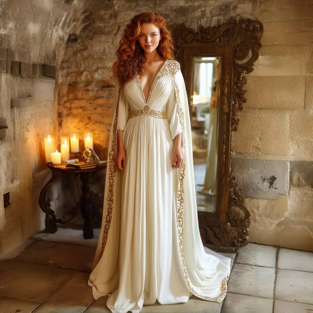 Ancient Greek Goddess Wedding Dress Deep V Neck Cape Gold Appliques Pleated Ivory Chiffon Vintage Bridal Gown Customized