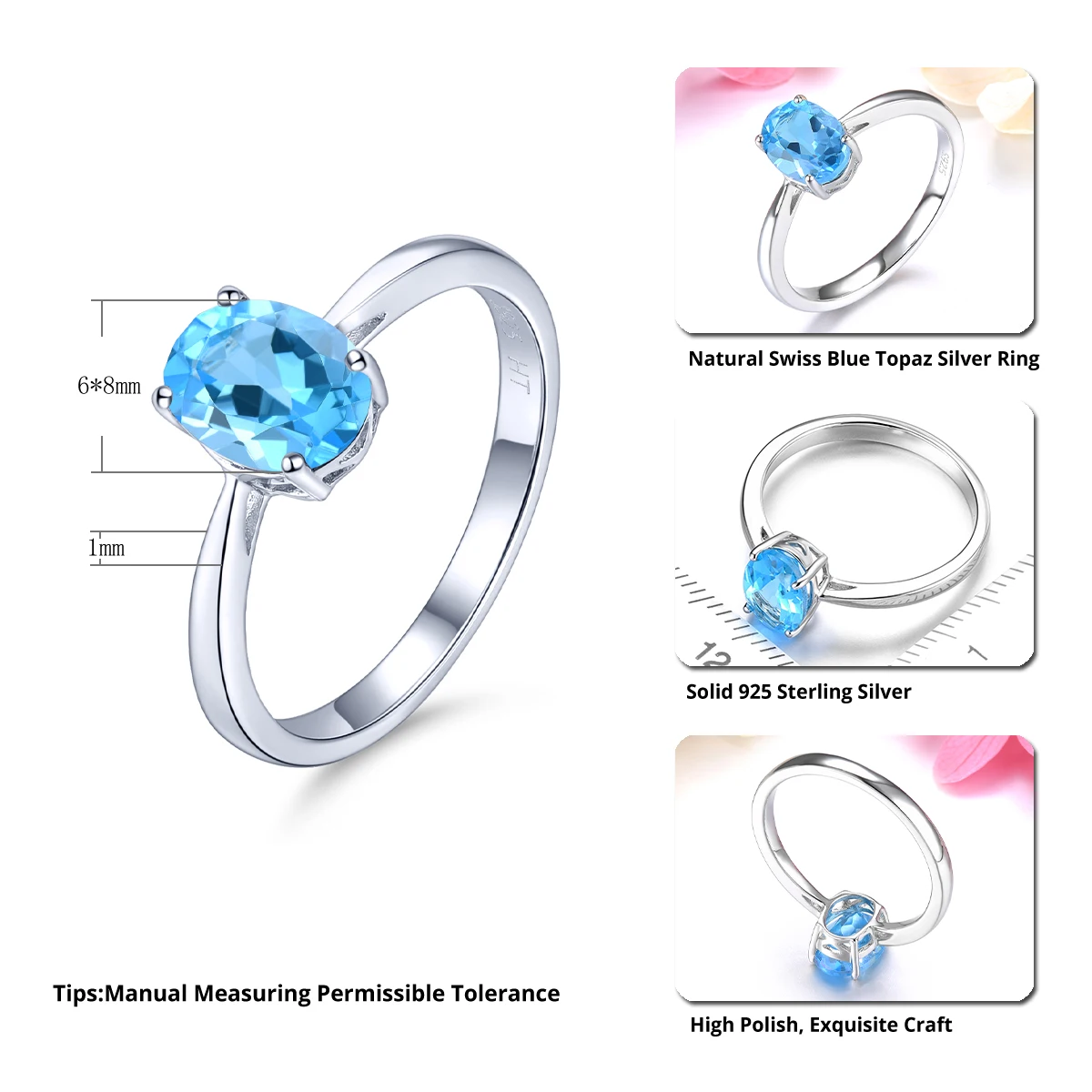 Voorraadopruiming Natuurlijke Blauwe Topaz Sterling Zilveren Ring 1.51 Karaat Echte Edelsteen Eenvoudige Stijl Fijne Sieraden Voor Vrouwen