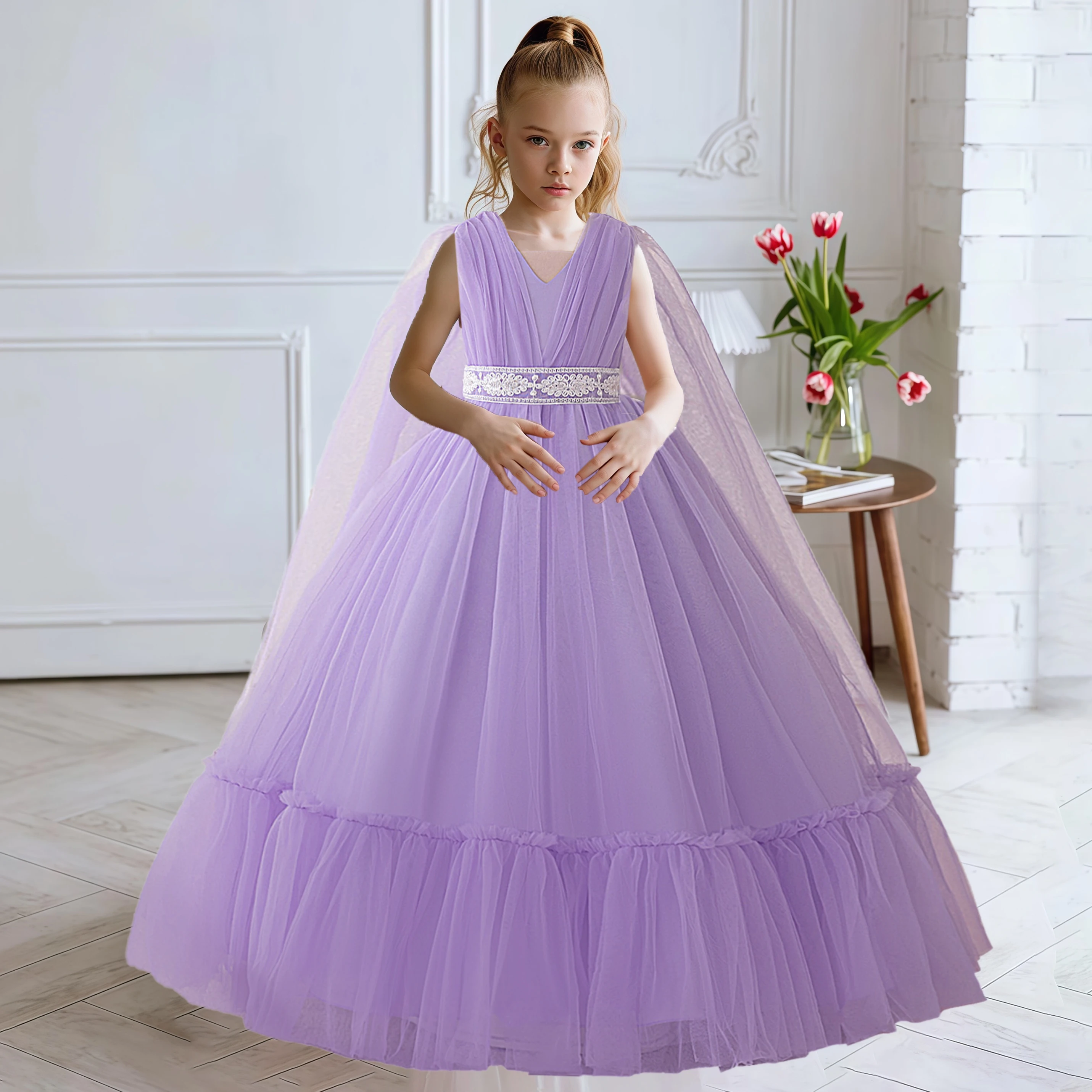 

Elegant Tulle Party Girls Dress Vintage Bridesmaid Wedding Prom Gown Formal Birthday Pageant Princess Dress Evening Kids Clothes