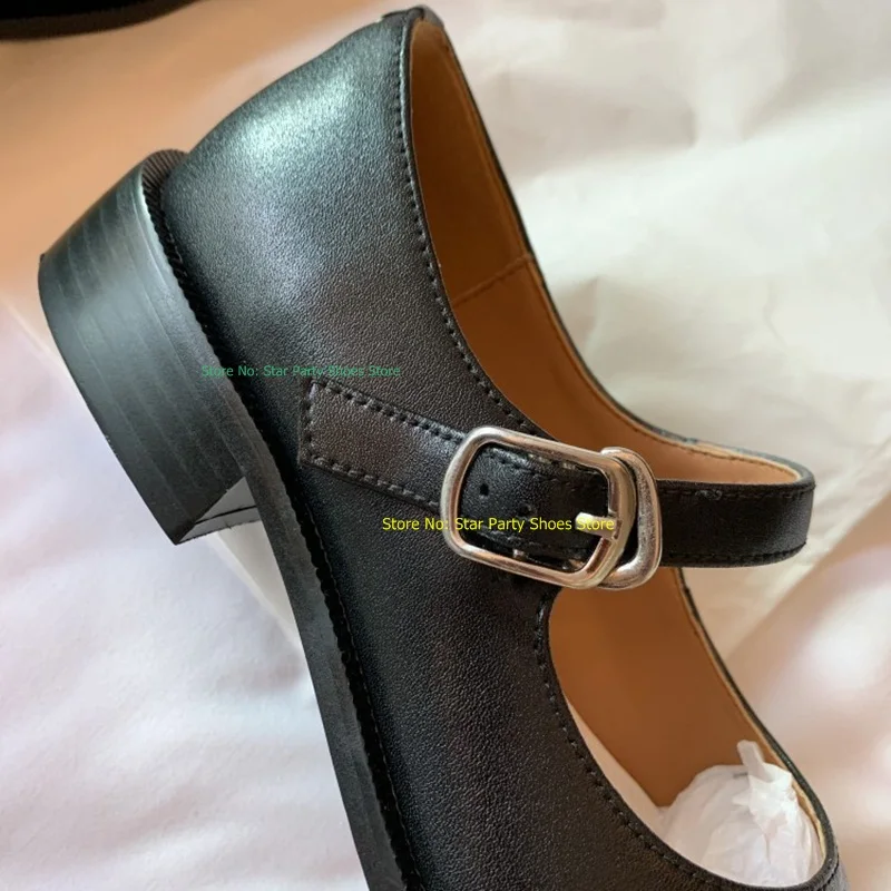 Woman Retro Square Low Heel Pumps Tabi Toe Female Black Leather Buckle Ankle Strap Lady Office Party Shoes