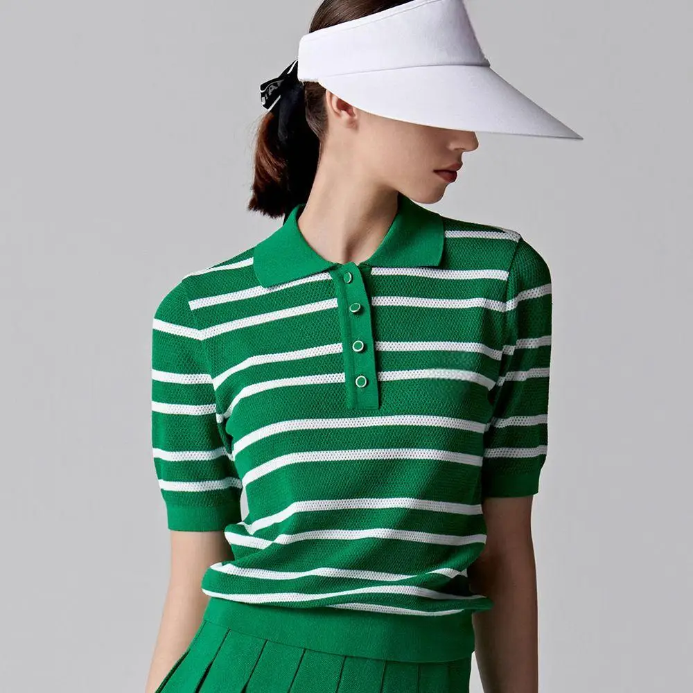 Ladies Golf Clothing Set Knitted Lapel Collar Short Sleeve Top + Pleated Skirt Fashion Versatile Sports Golf Two Piece Outfits
