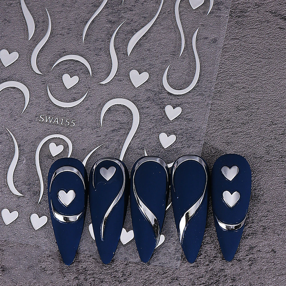 Autocollants pour ongles en forme de cœur, lignes françaises en métal, or/argent, vague d'amour, décalcomanies simples pour la saint-valentin, 1/2 pièces
