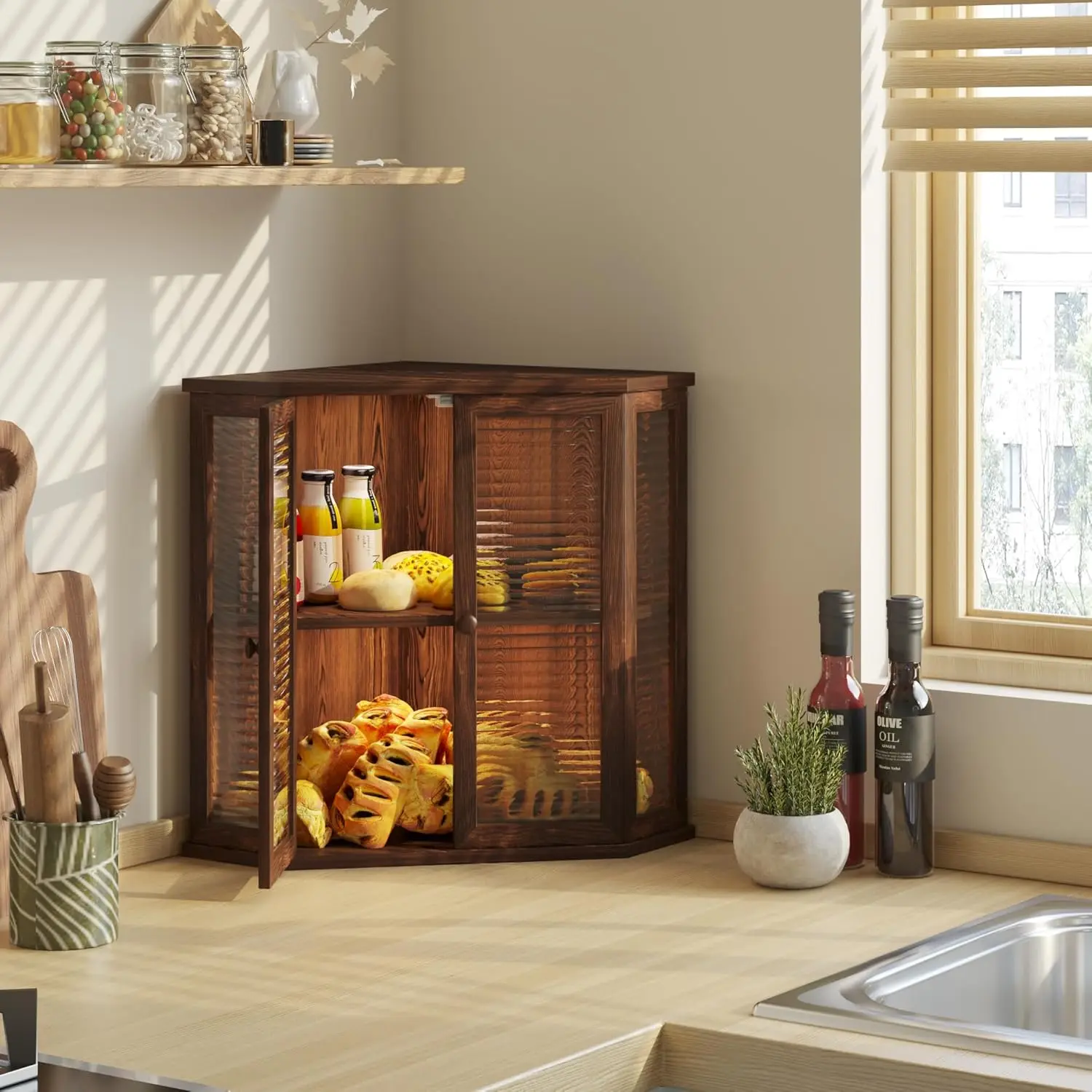 Kotak Roti Sudut untuk Meja Dapur - Kayu Pinus dengan Pintu Kaca, Menampung 3-4 Roti, Menghemat Ruang