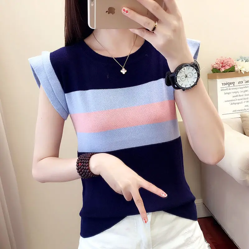 Fashion Printed Spliced O-Neck Striped Blouse Women\'s Clothing 2023 Summer New Casual Pullovers All-match Short Sleeve Shirt