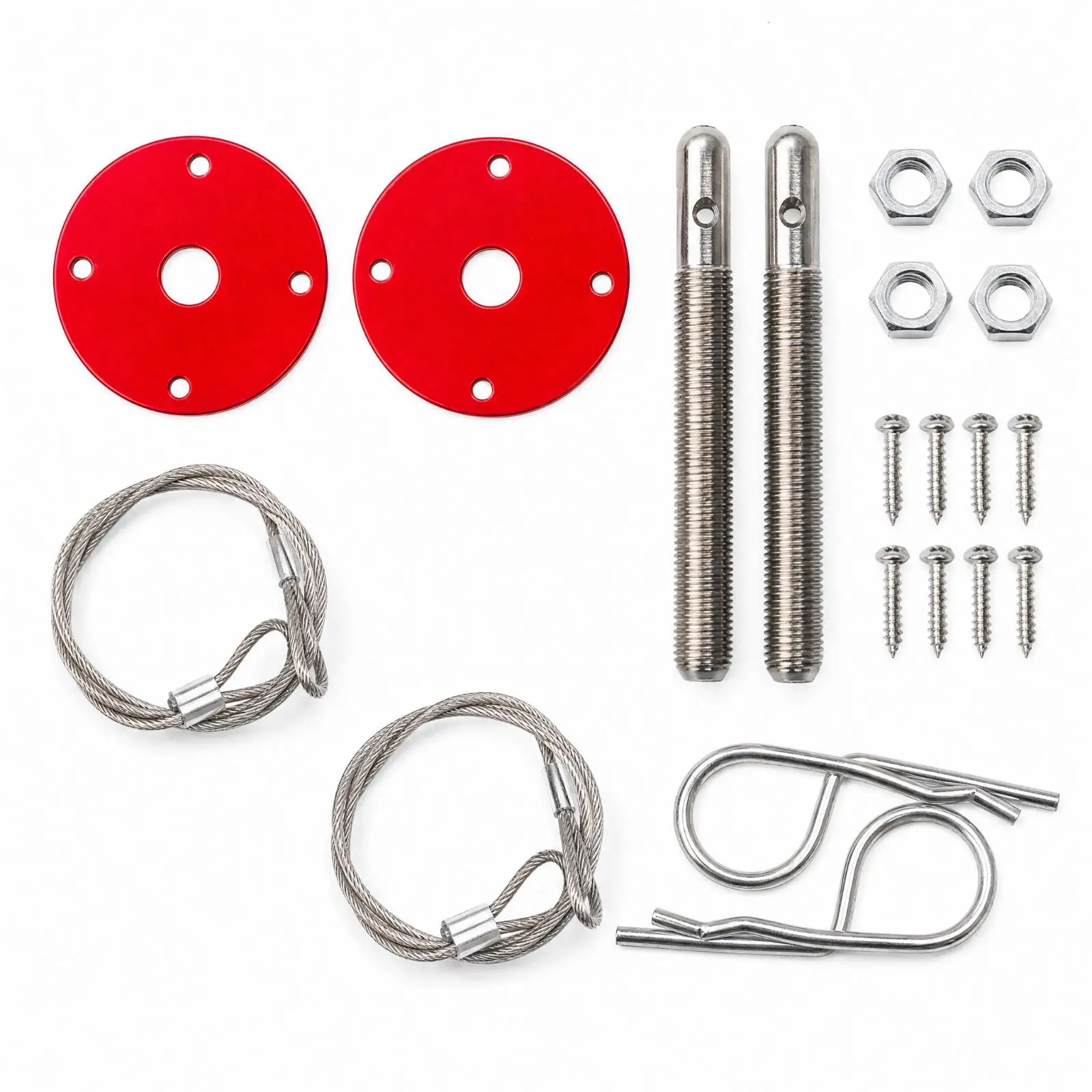 Car Hood Lock Kit with Steel Mounting Plates and Threaded Posts for Secure Engine Bay Access Release Control
