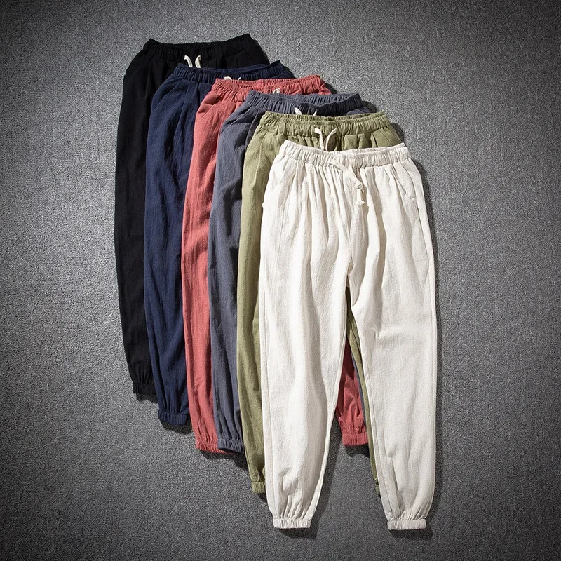 Pantalones holgados de verano Hanfu de mezcla de lino y algodón para hombre, pantalones informales de estilo tradicional chino, pie pequeño a la moda