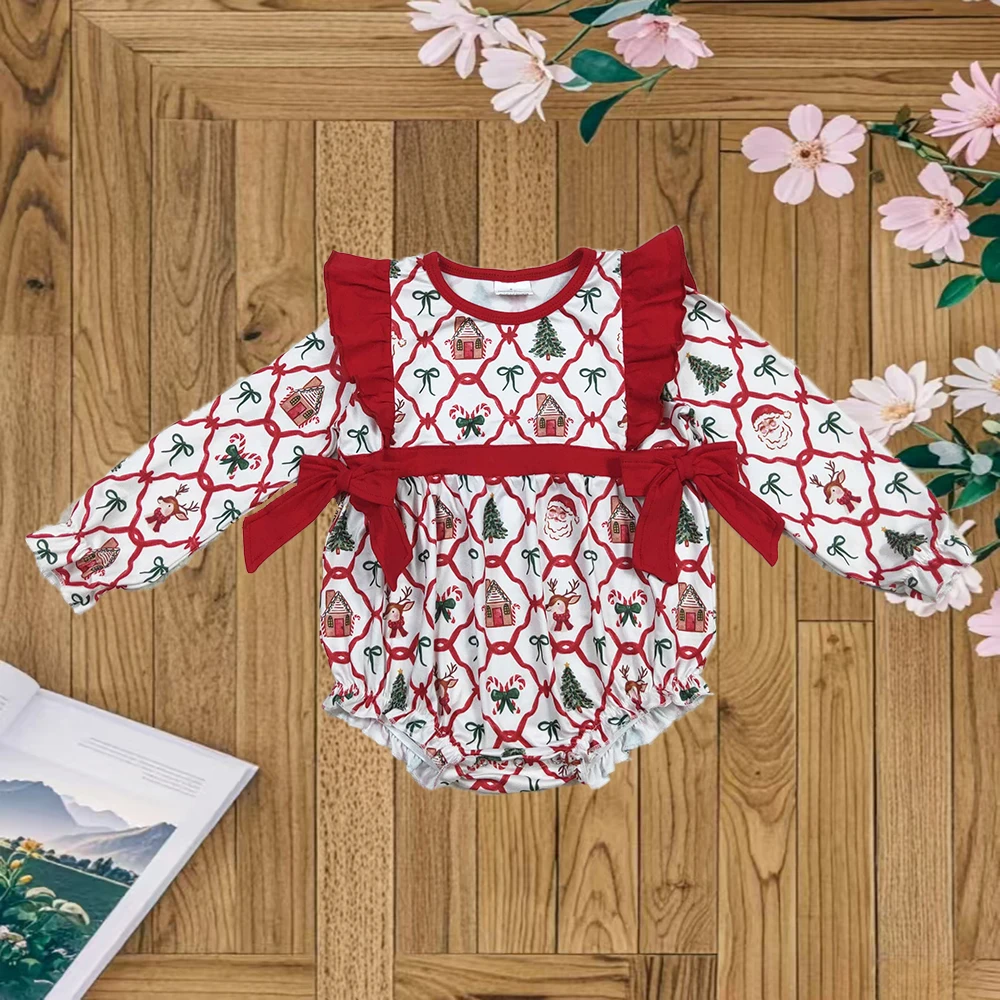 

9.10 Baby Winter Rompers Baby Girls Christmas Trees Bows Ruffle Rompers