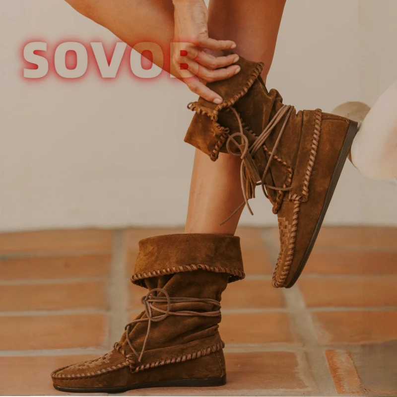 

Women's Cow Suede Cowboy Boots Round-Toe Mid-calf Chelsea Boots 2026 New Autumn Winter Slouch Booties Retro Western Flat Shoes