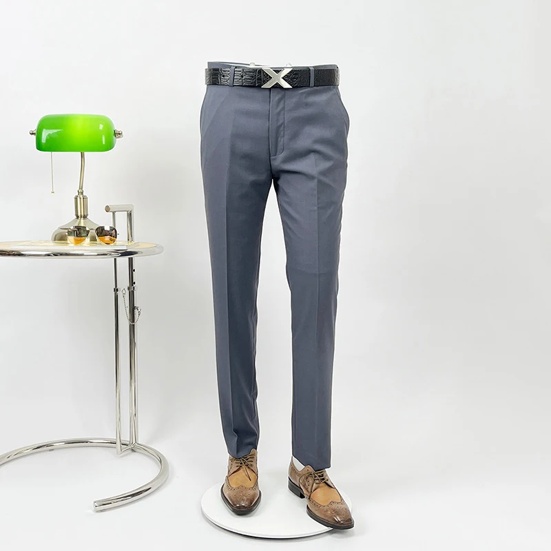 

Men's 12% Wool Dress Pants in Gray-Blue Slim Fit Tapered Ankle-Length Trousers Business Casual Office Pants with British Style