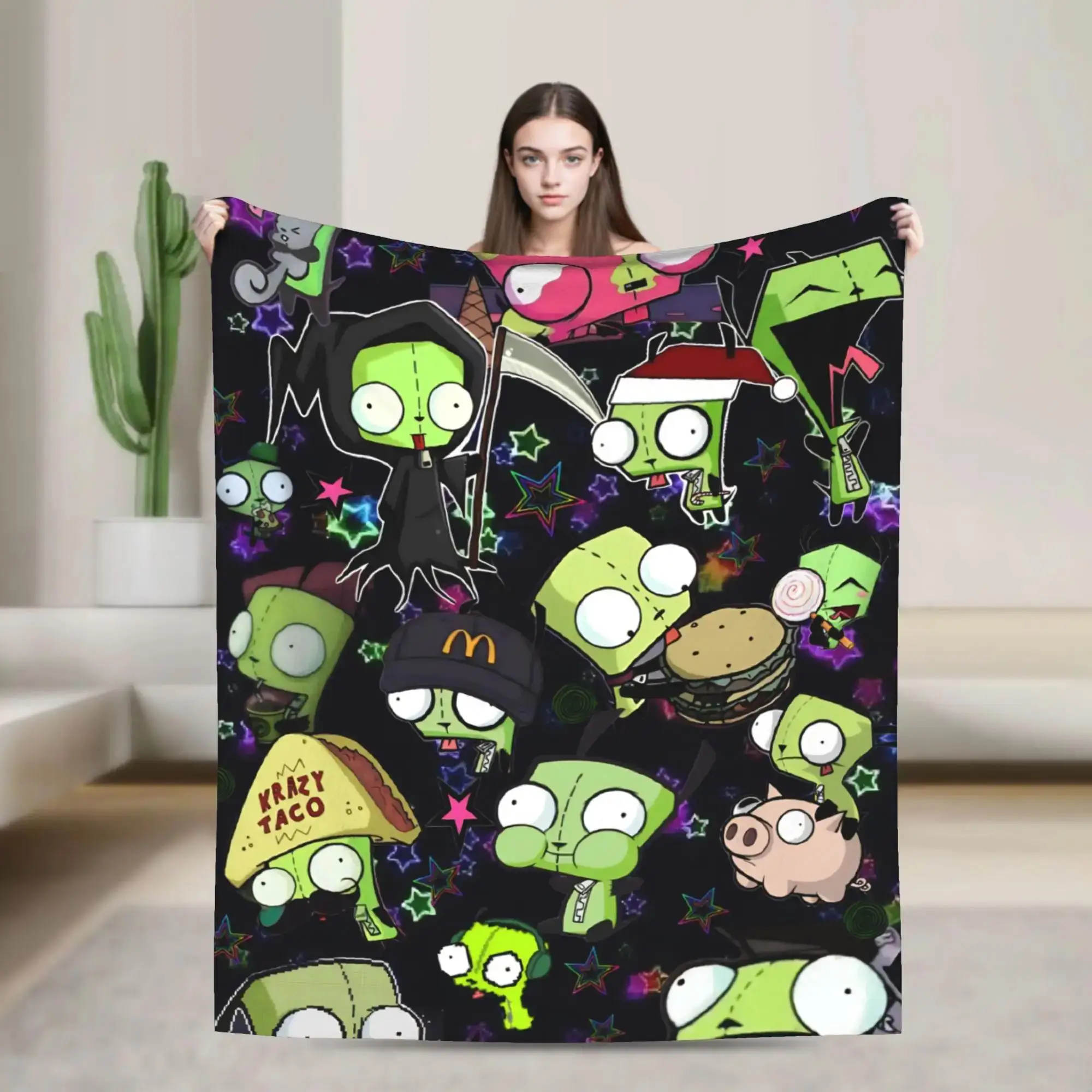 

Фланелевое одеяло с мультяшным принтом Invader Zim Gir, мягкое и теплое, для дома, дивана, кровати, кемпинга, оригинальное покрывало