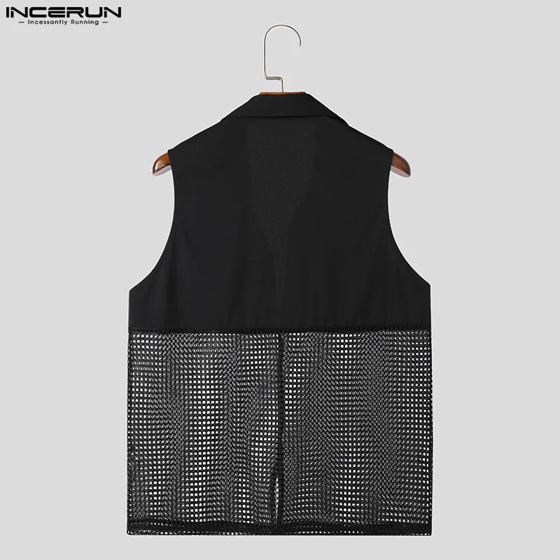 INCERUN 2024 Men Shirt Mesh Patchwork Lapel Sleeveless Streetwear Men Clothing Transparent Summer Fashion Casual Shirts S-5XL