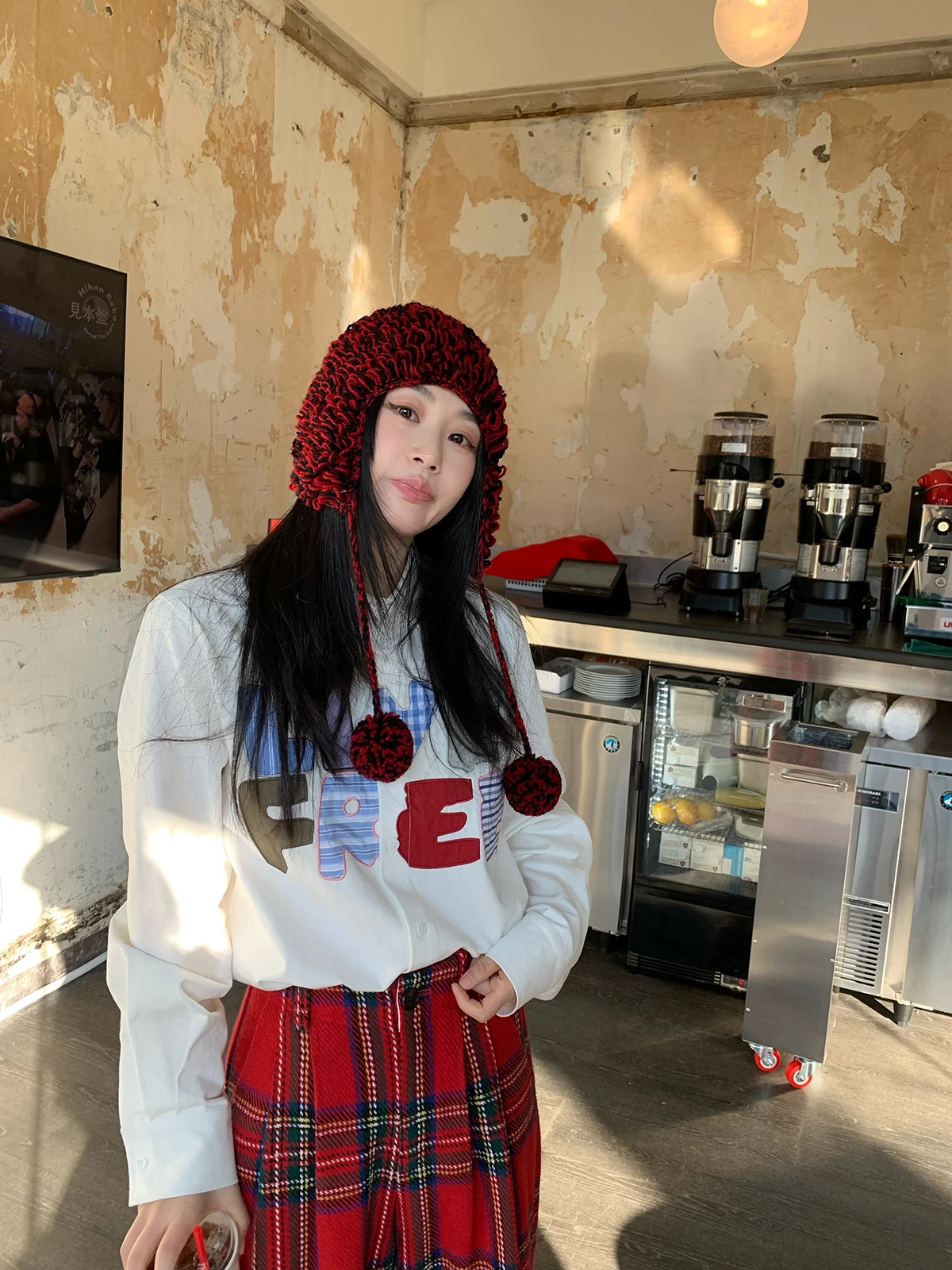 

Cotton Holiday Floral Patchwork Letter Women's irt Design Sense Small ence Loose Fit Long Sve round Ne Button up