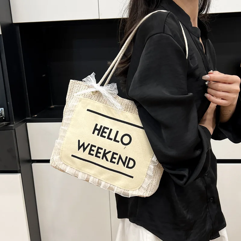 

2025 Woven Tote Bag for Women Niche Beach Shoulder Purse Rope-Handled Straw Basket Bag for Underarm Carry