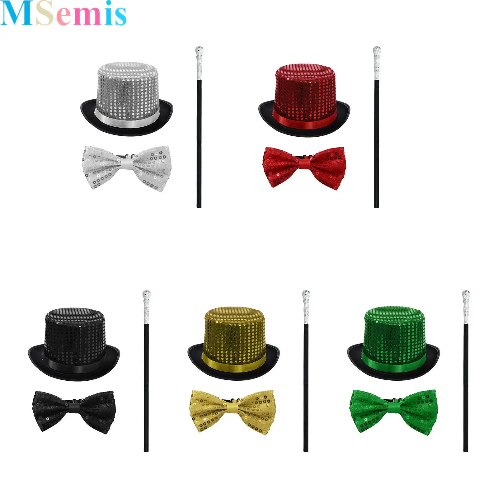 

3Pcs Festival Party Magician Performance Dress Up Set Sequins Top Hat Bowtie And Detachable Wand for Stage Performance