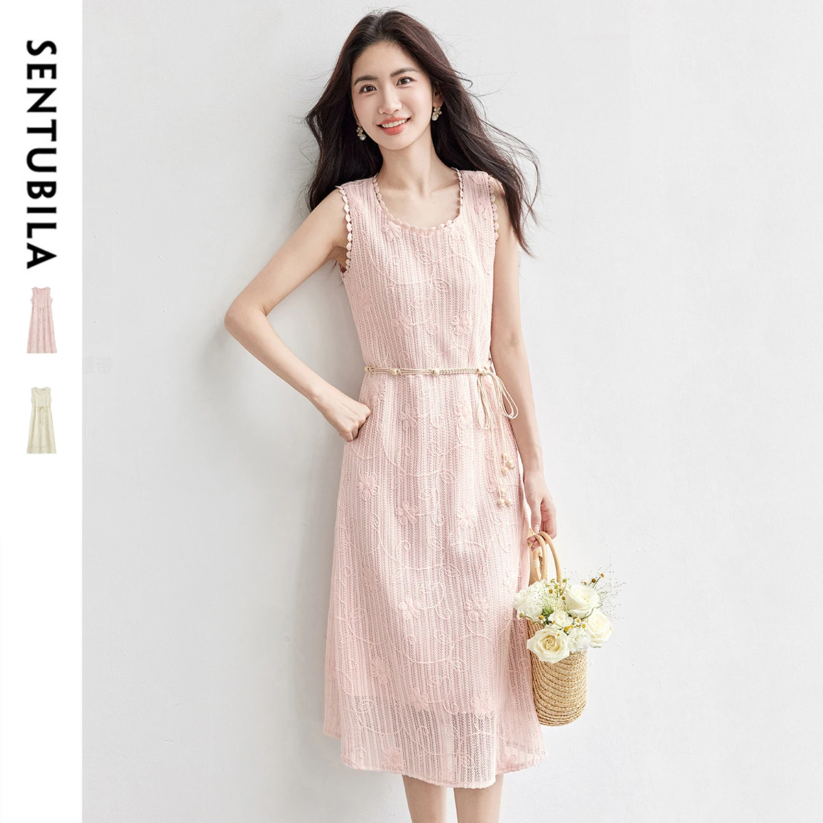 

SENTUBILA Women's Hollow Knitted Dress 2025 Summer Romantic U-Neck Sleeveless Lace Beach Dress 152LP1677