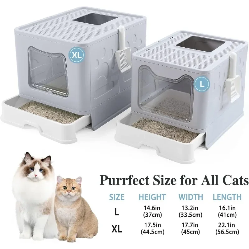 Foldable Cat Litter Box with Lid, Extra Large Scoop, Drawer Type Pan Easy to Scoop & Low Tracking