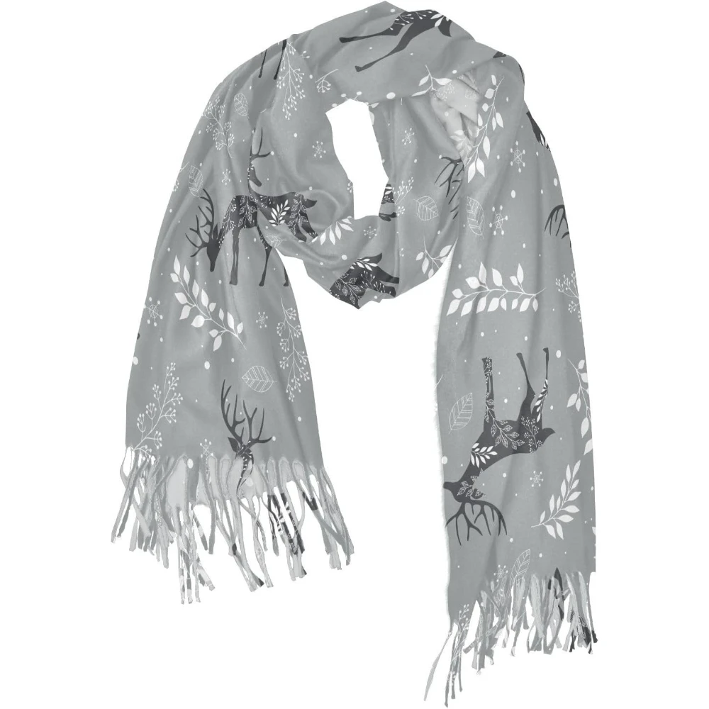 

Серые кашемировые шарфы для женщин, зимние теплые шарфы для холодной погоды с кисточками, рождественские оледы, цветочные ботанические цветы, серые
