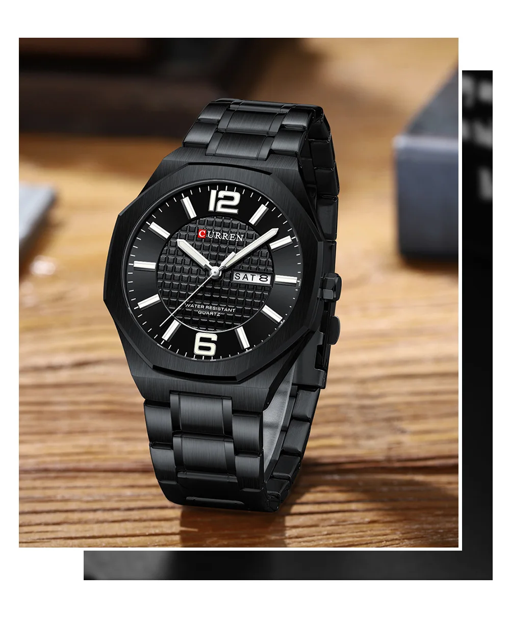 CURREN Herren-Businessuhr Quarz mit Tages- und Datumsanzeige, Edelstahlarmband, schlanke Armbanduhr für Männer, Leuchtzeiger – Detail 18